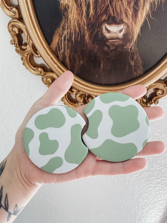 Green Cow Print Car Coaster